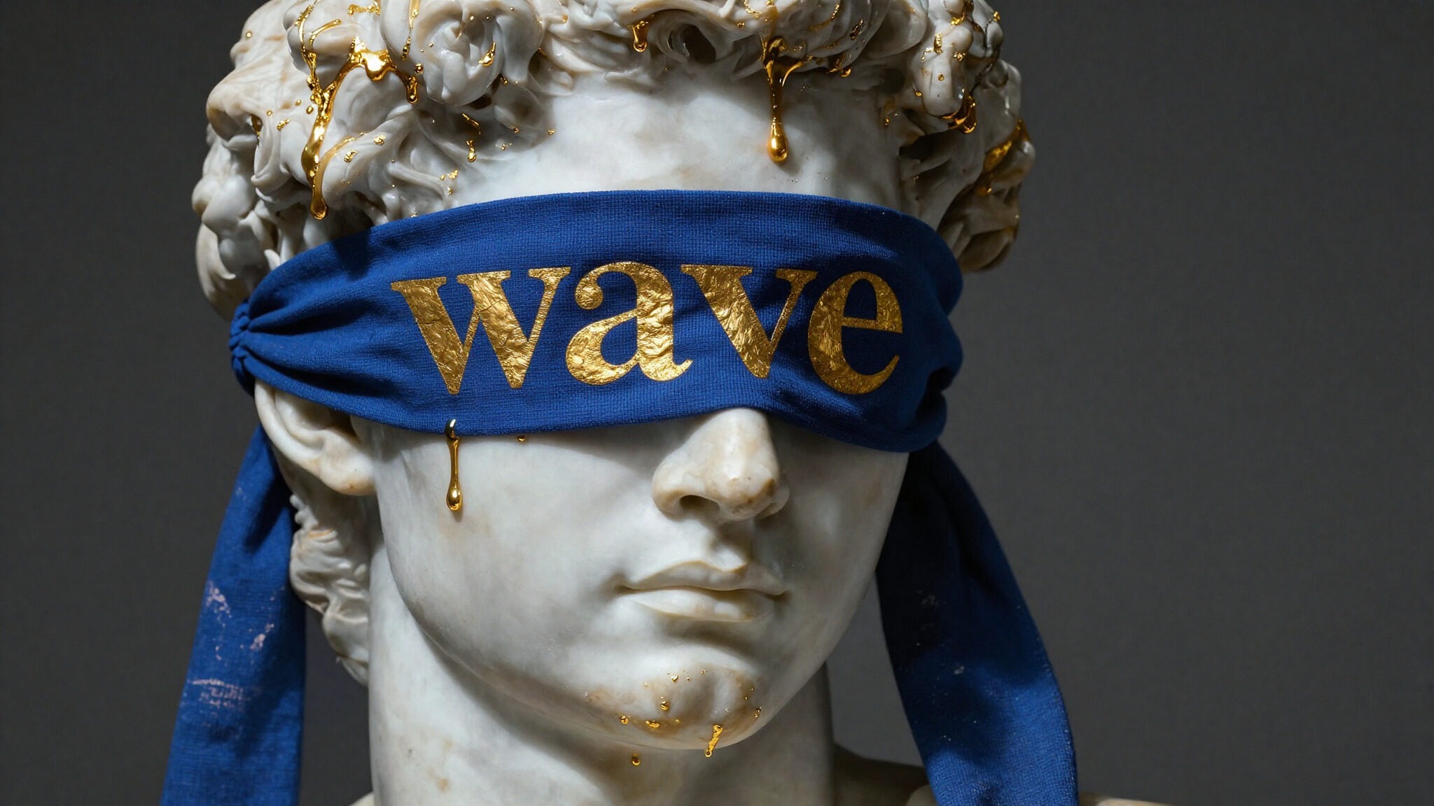 Marble statue blindfolded with a klein-blue band reading wave in gold leaf, gold dripping